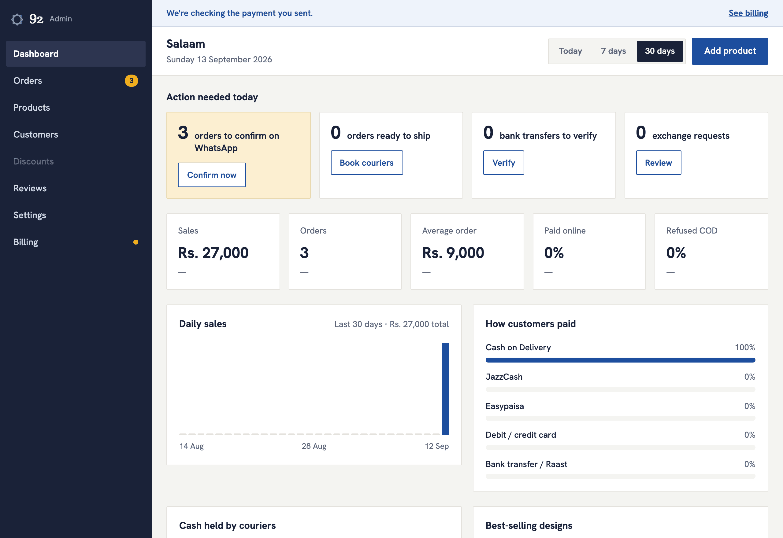 The merchant dashboard: sales, orders to confirm, payment mix and low stock